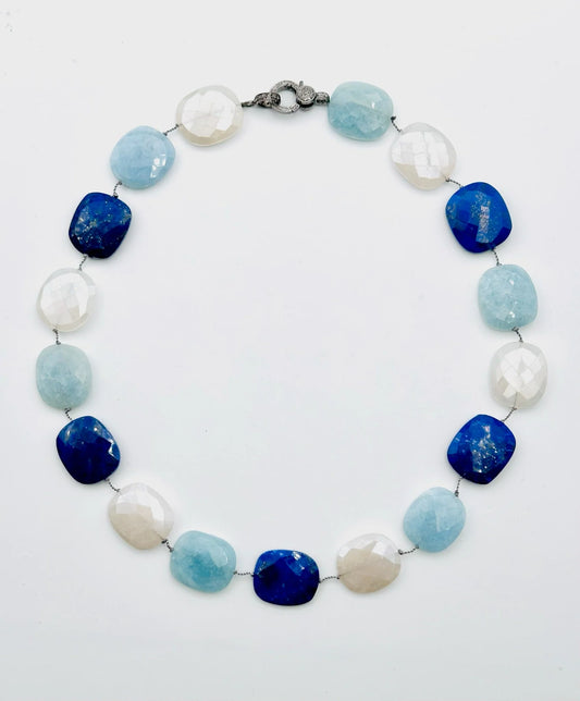 18" Flat Faceted Lapis, Aquamarine and Moonstone Necklace