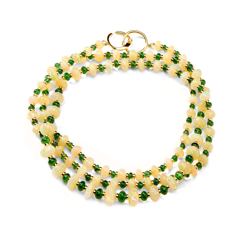Ethiopian Opal andTtsavorite Beads Strung on Silk Necklace