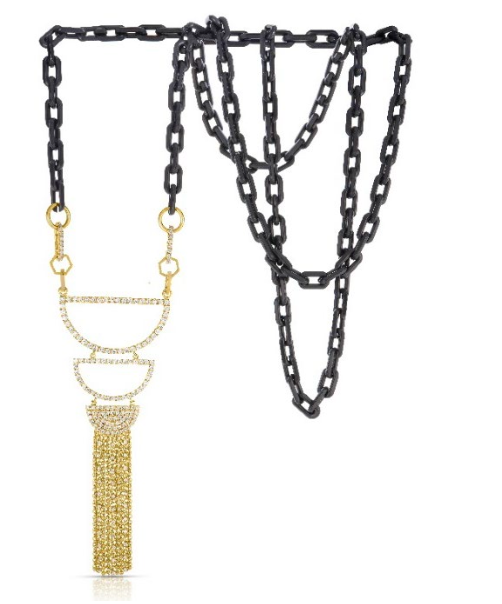 Black Ceramic Detachable Chain w Pave Open Close Diamond Links & Triple Diamond Pendant w Diamond Fringe