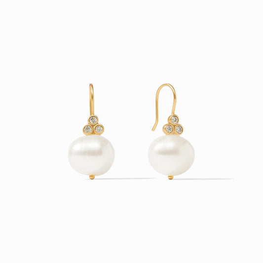 This day-to-night earring's luminous freshwater pearl sits below a trio of brilliant cut CZs, suspended from an elegant golden French wire.