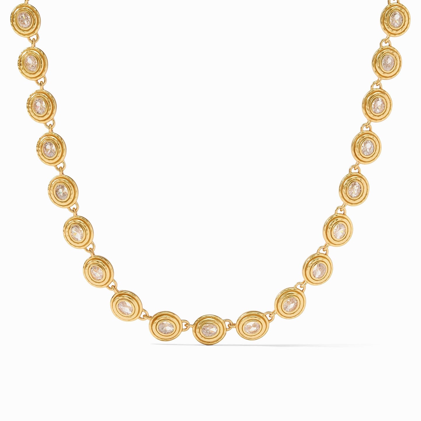 Each luxurious link of this adjustable-length necklace centers on an oval rose cut stone set within lightly hammered golden walls.