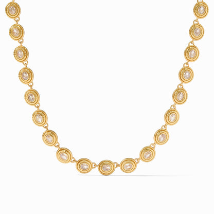 Each luxurious link of this adjustable-length necklace centers on an oval rose cut stone set within lightly hammered golden walls.