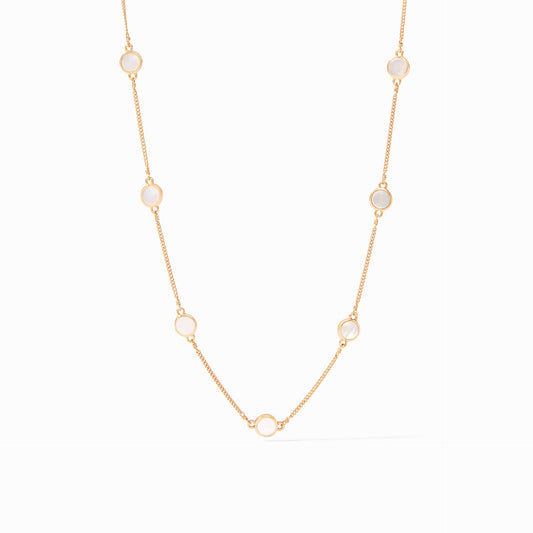 Nine delicate mother of pearl stations on a fine chain.