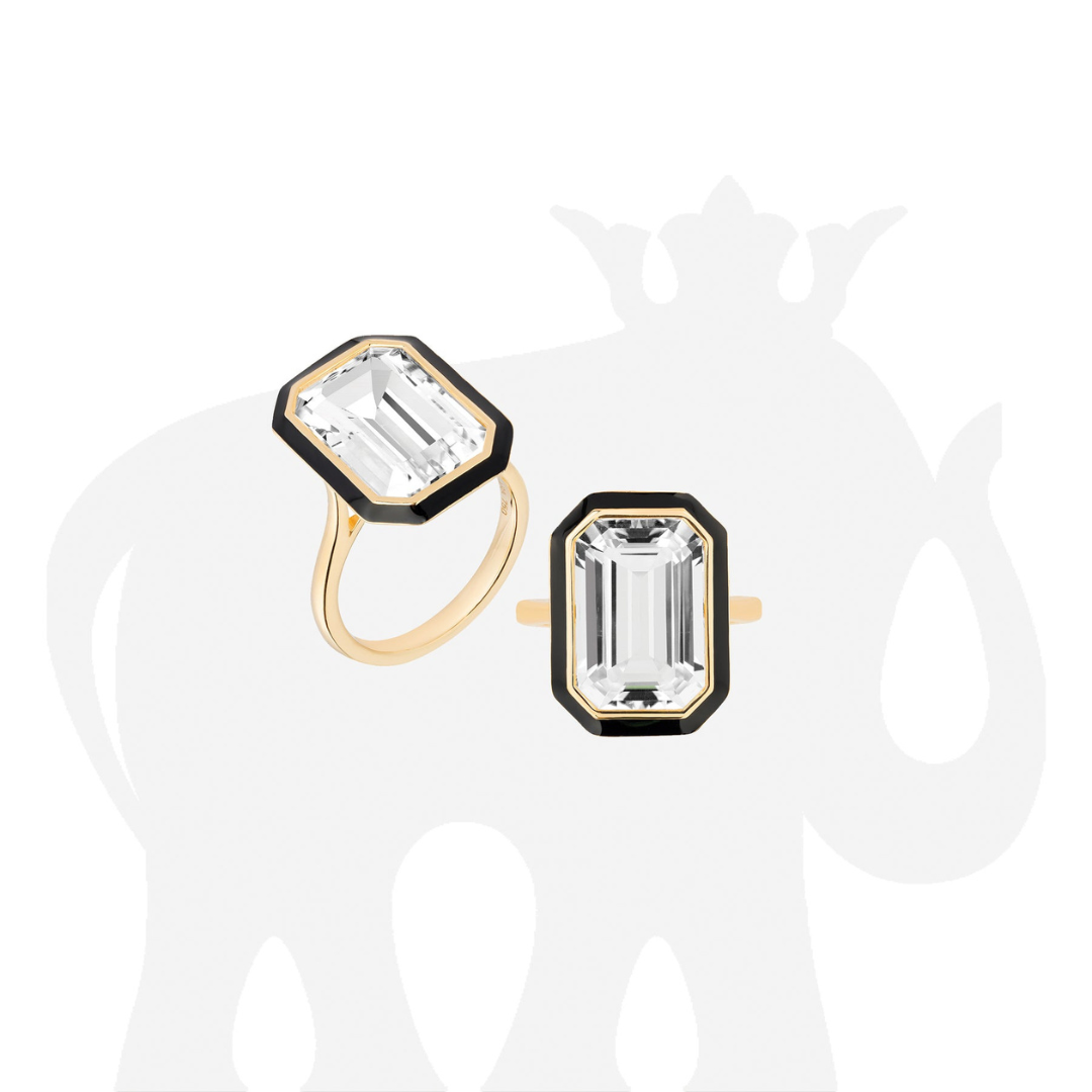 Queen' Rock Crystal Emerald Cut Ring With Black Enamel