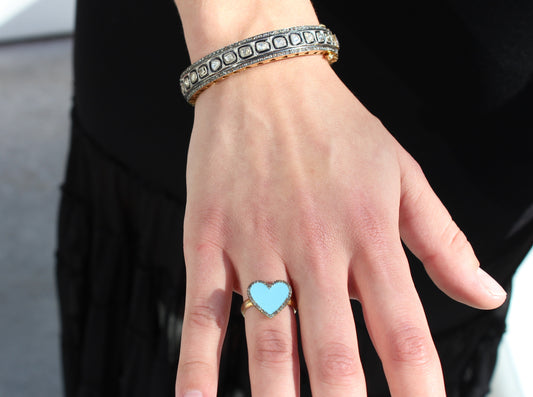 Turquoise enamel heart ring with pave diamond edge Size 7  Sourced from India