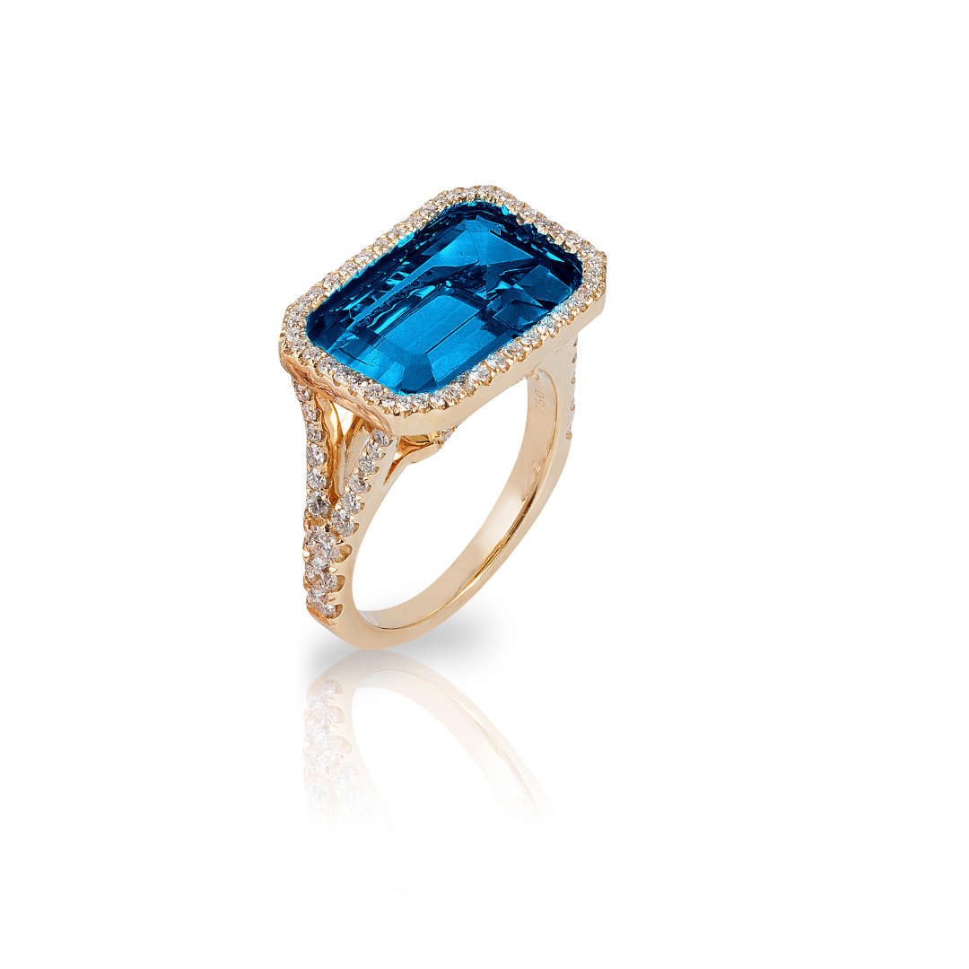 'Gossip' London Blue Topaz East-West Emerald Cut Ring With Diamonds