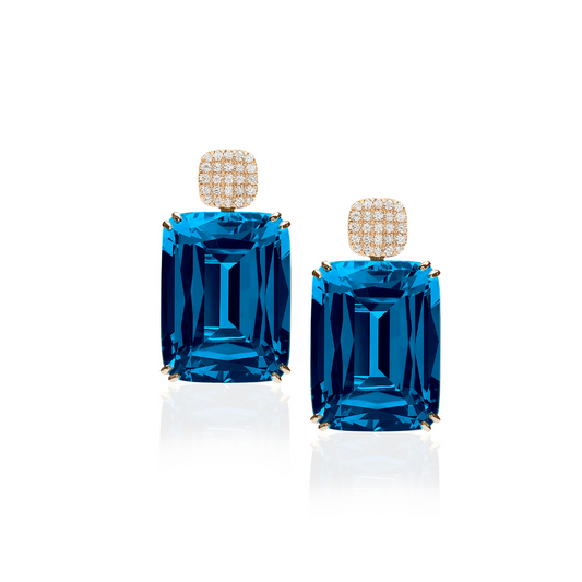 'Gossip' London Blue Topaz Cushion Earrings With Diamond Mottif