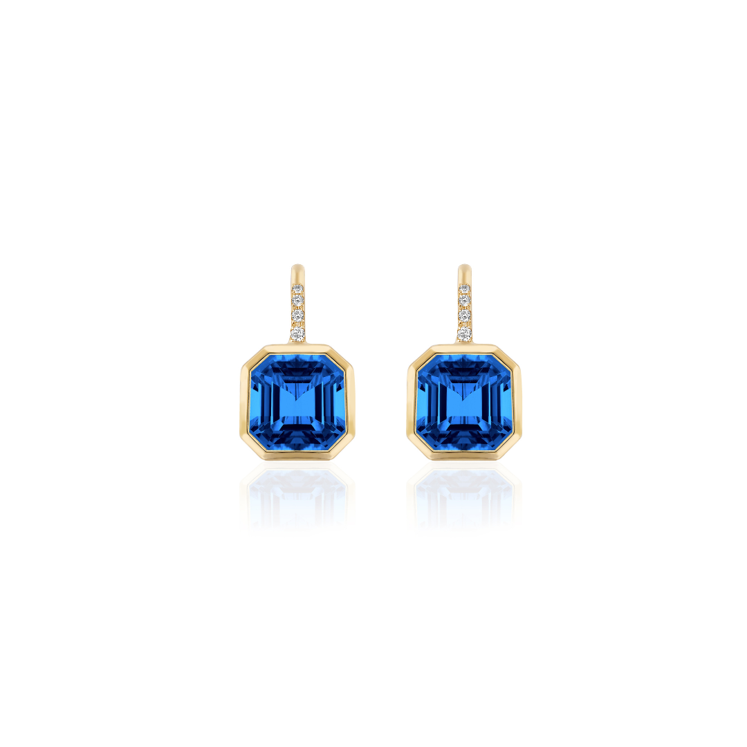 'Gossip' Assher Cut London Blue Topaz Earrings in Wire With Diamonds