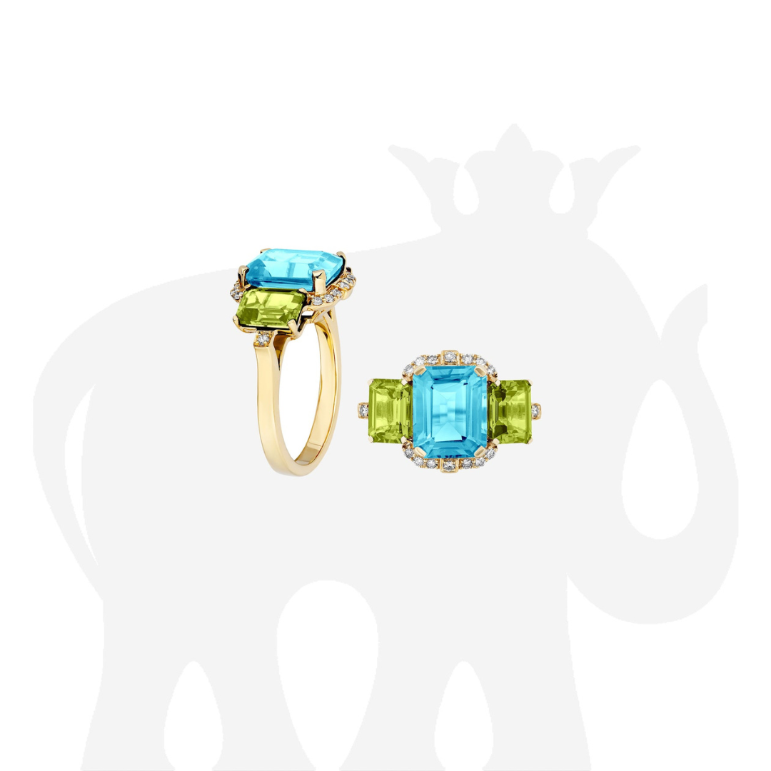 'Gossip' 3 Stone Blue Topaz and Peridot Emerald Cut Ring With Diamonds