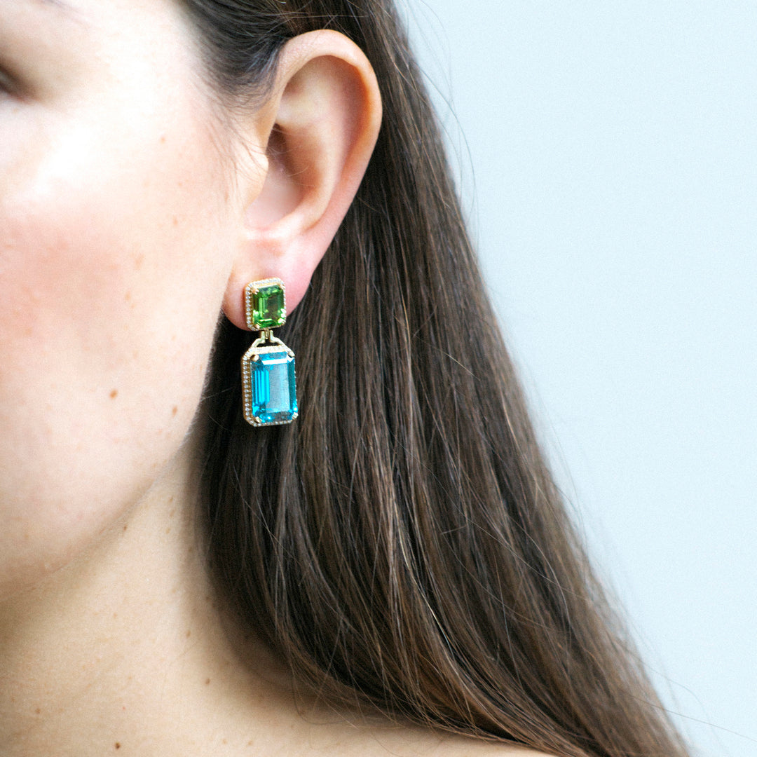 'Gossip' Blue Topaz -Peridot Emerald Cut Diamond Earrings