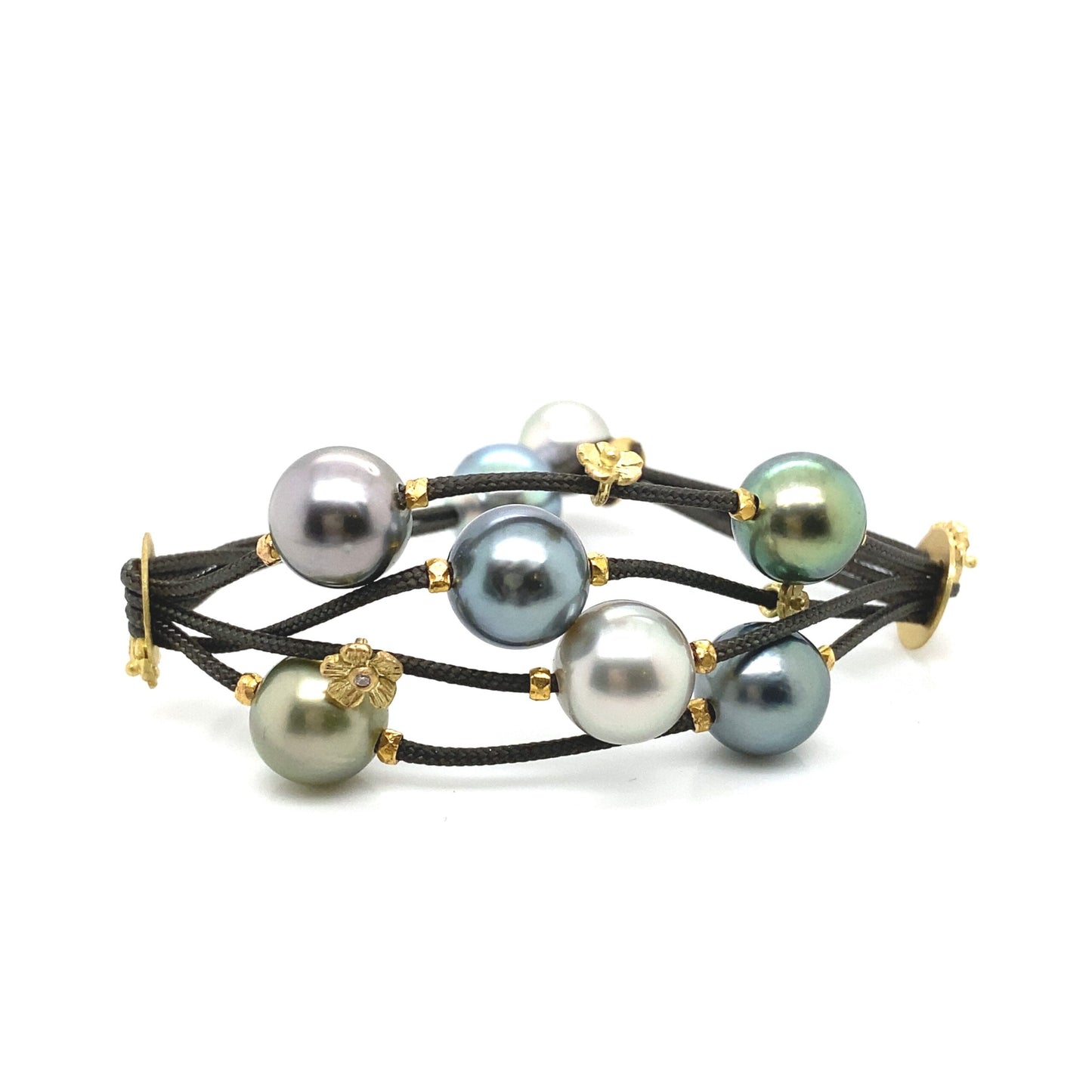 18K Gold Bracelet With Tahiti Pearls, White Diamond and Nylon Cord