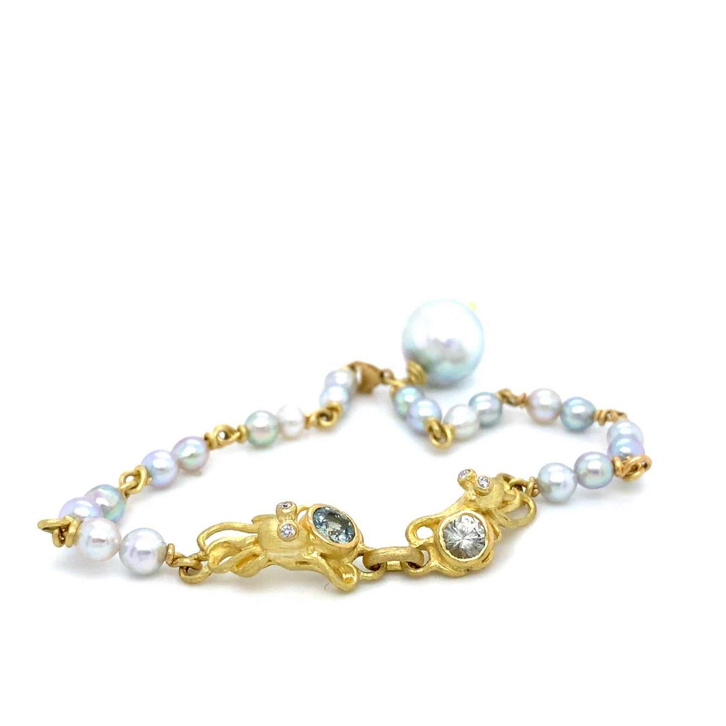 18K Gold Bracelet with Akoya Pearls, Sapphires & White Diamonds