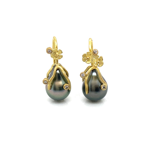 18K Gold Earrings with Tahiti Peal and White Diamonds