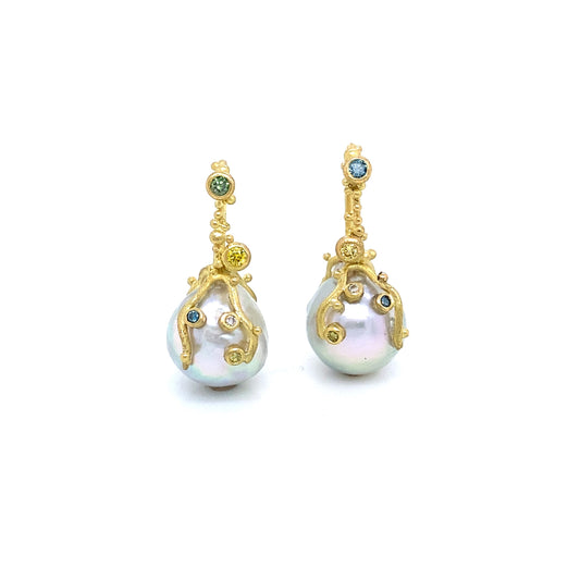 18K Gold Earrings with Akoya Pearls and Colored Diamonds
