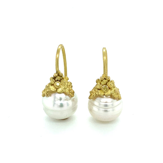 18 K Gold Earrings with Colored Diamonds and South Sea Pearls