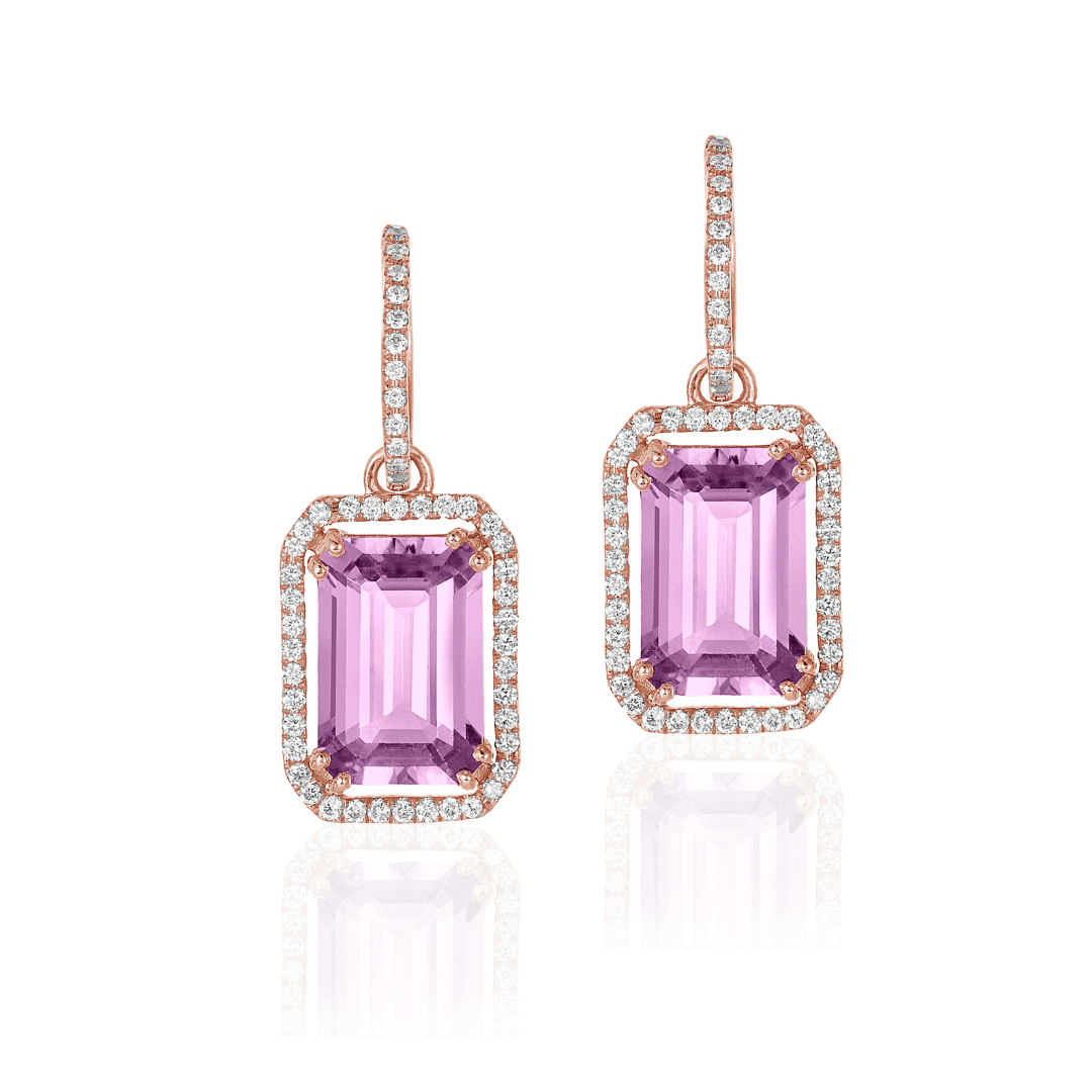 'Gossip' Lavender Amethyst 12x8 Emerald Cut Diamond Set Earrings with Diamond Hoops