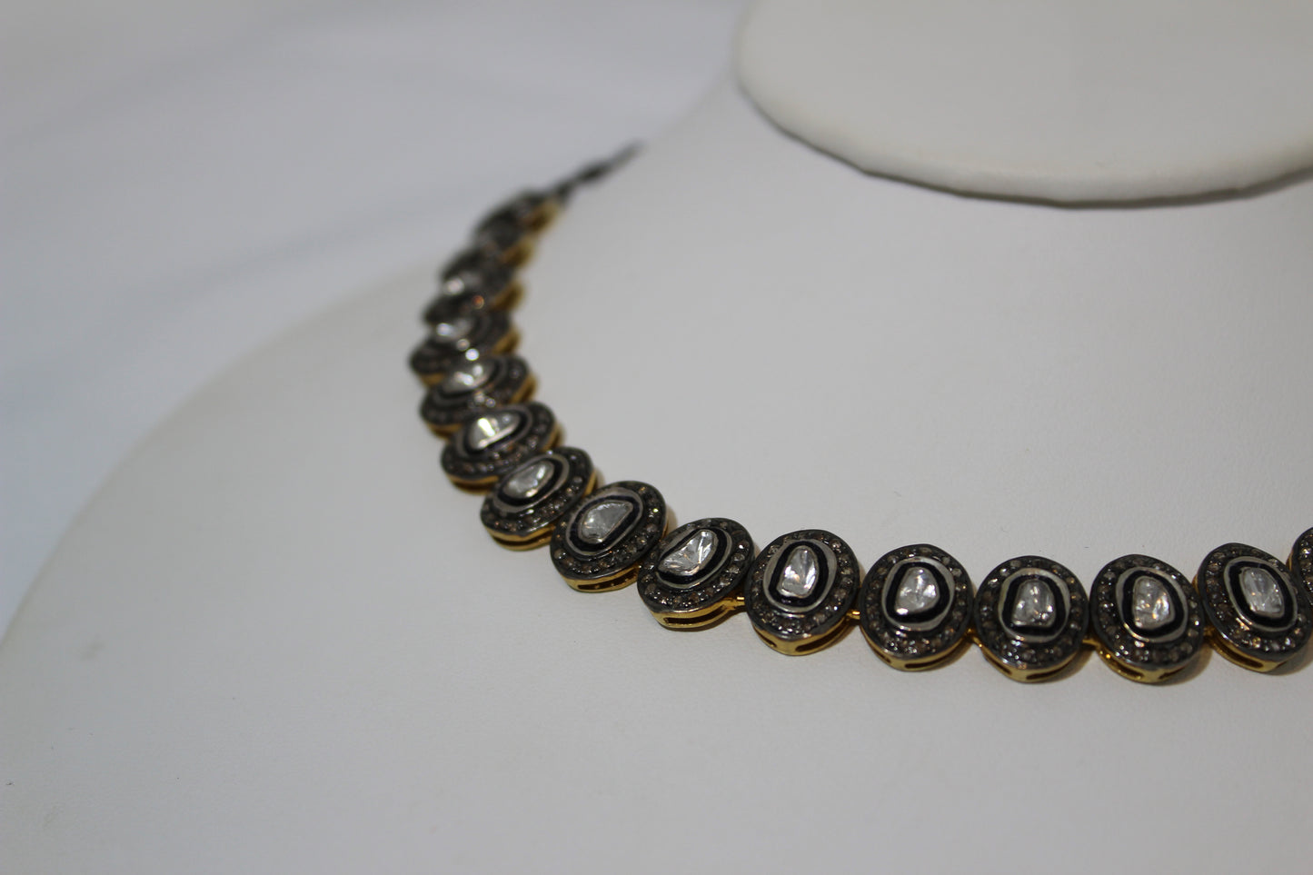 Rose cut and pave diamond choker with oxidized silver chain  Ajustable  Sourced from India