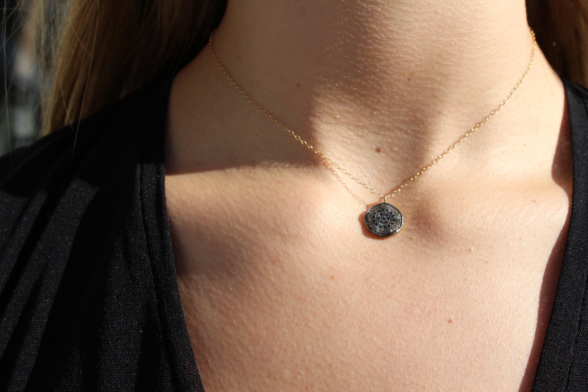 Saphire & Pave Diamond Disc Necklace On Gold Filled Chain