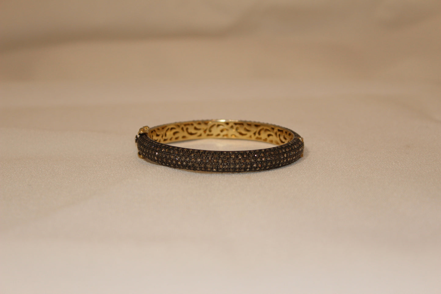 Rounded pave diamond 7mm bangle Oxidized sterling silver and yellow gold  Sourced from India