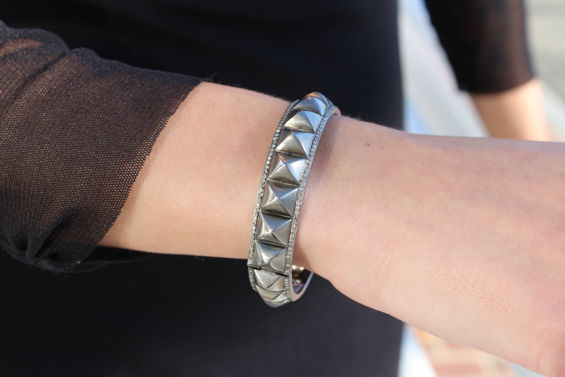 Spike bangle with pave diamond edge and oxidized sterling silver One size  Sourced from India