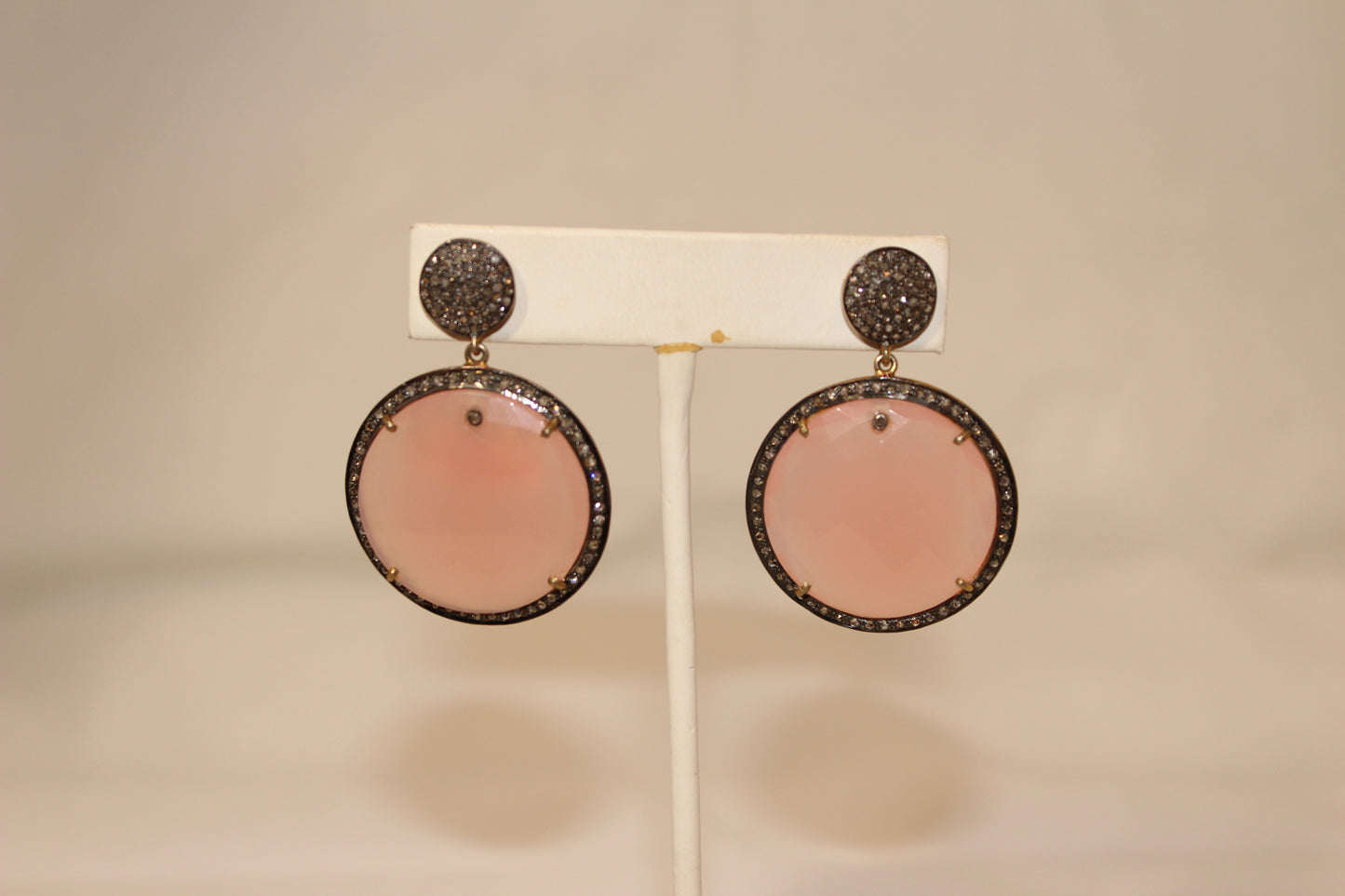 Pink quartz round drop and pave diamond stud earrings Sourced from India