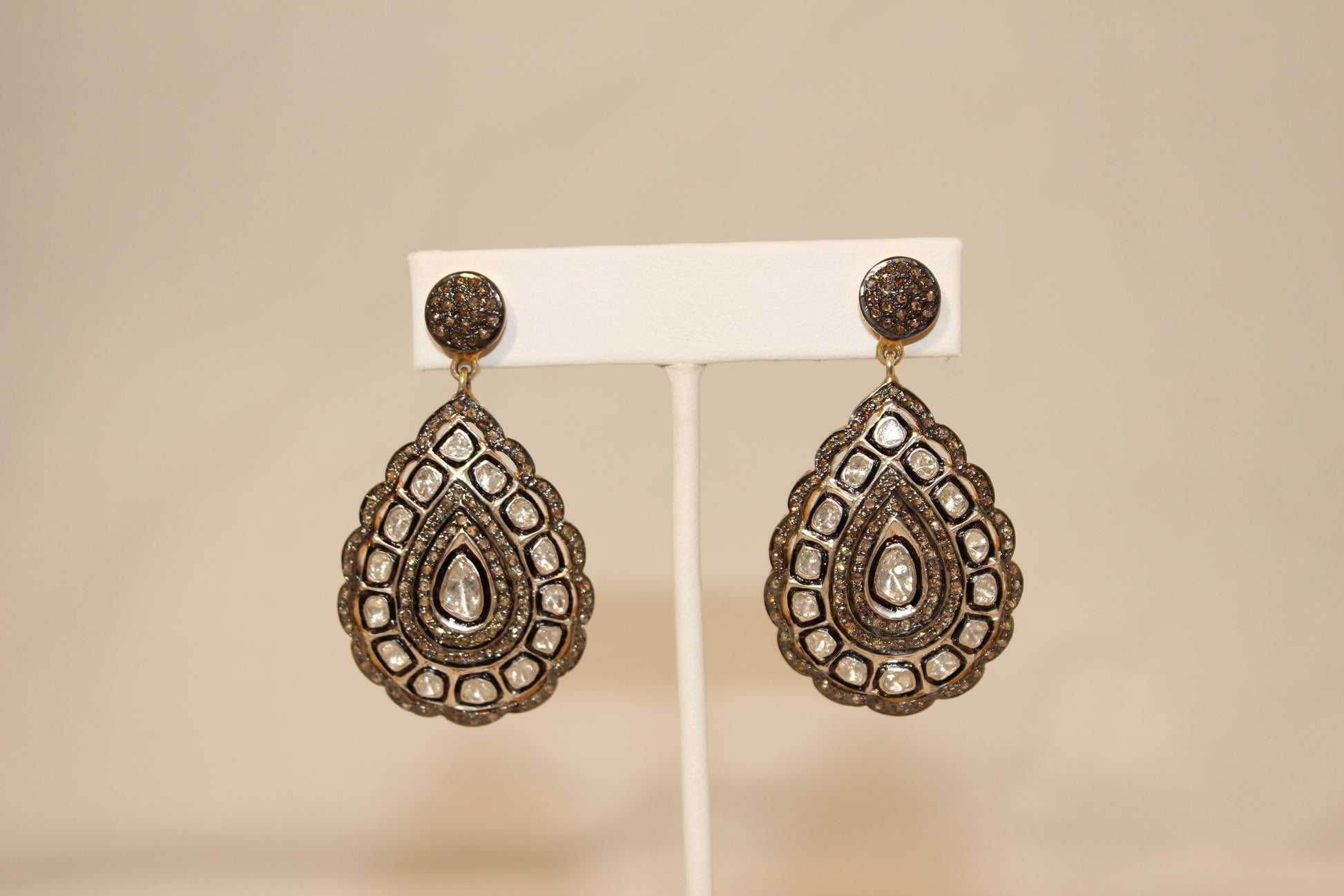 Rose cut and pave diamond large tear drop earrings with scallop effect  Sourced from India