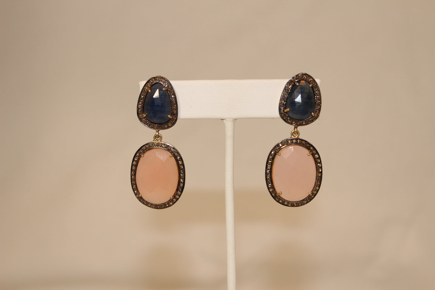 Pink oval and blue sapphire 2-tier drop earrings Sourced from India