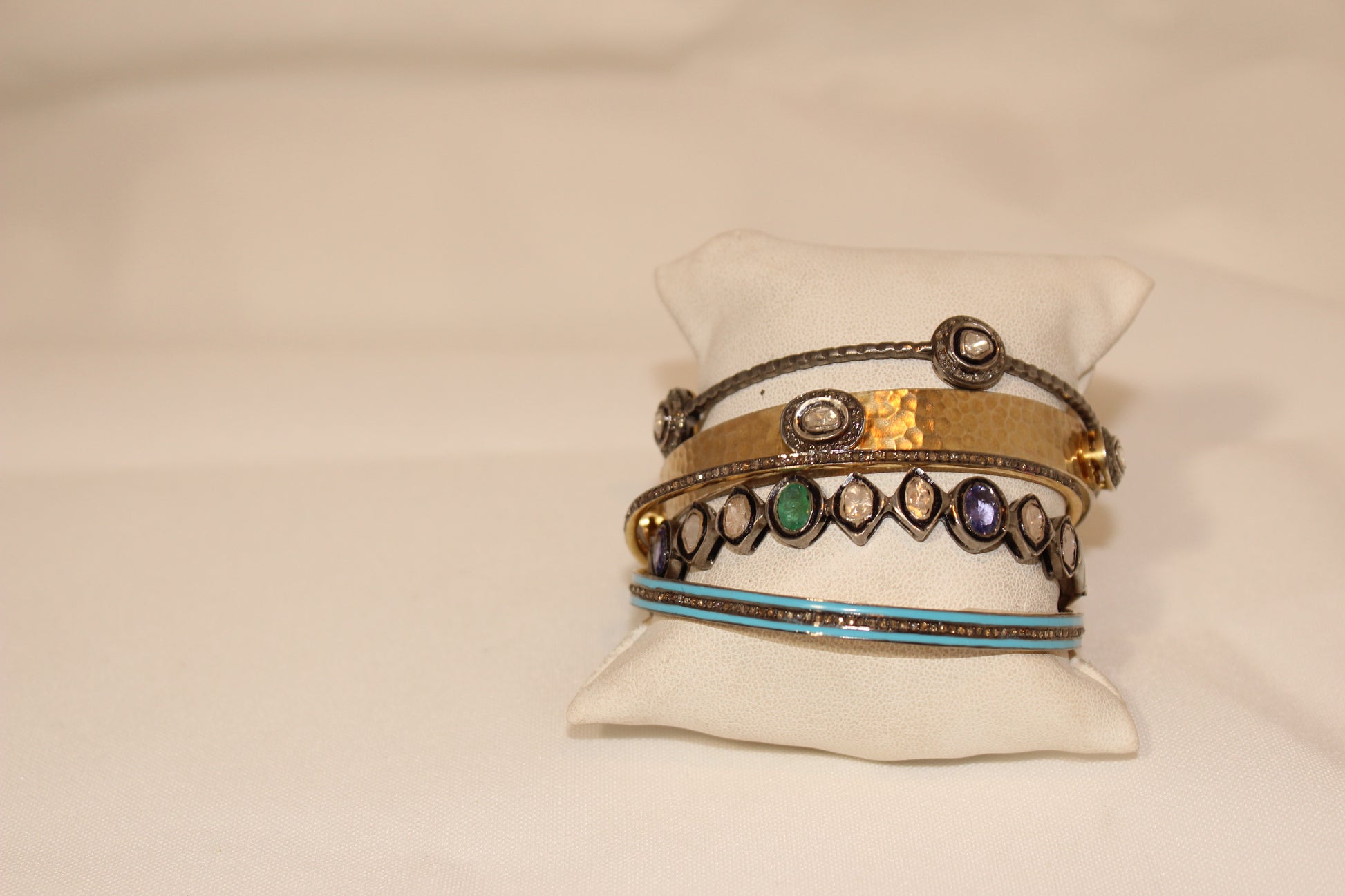 Turquoise enamel bangle with pave diamond middle band  Sourced from India