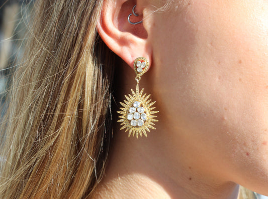Gold and rose cut diamond tear drop with spiked edge earrings Sourced in India