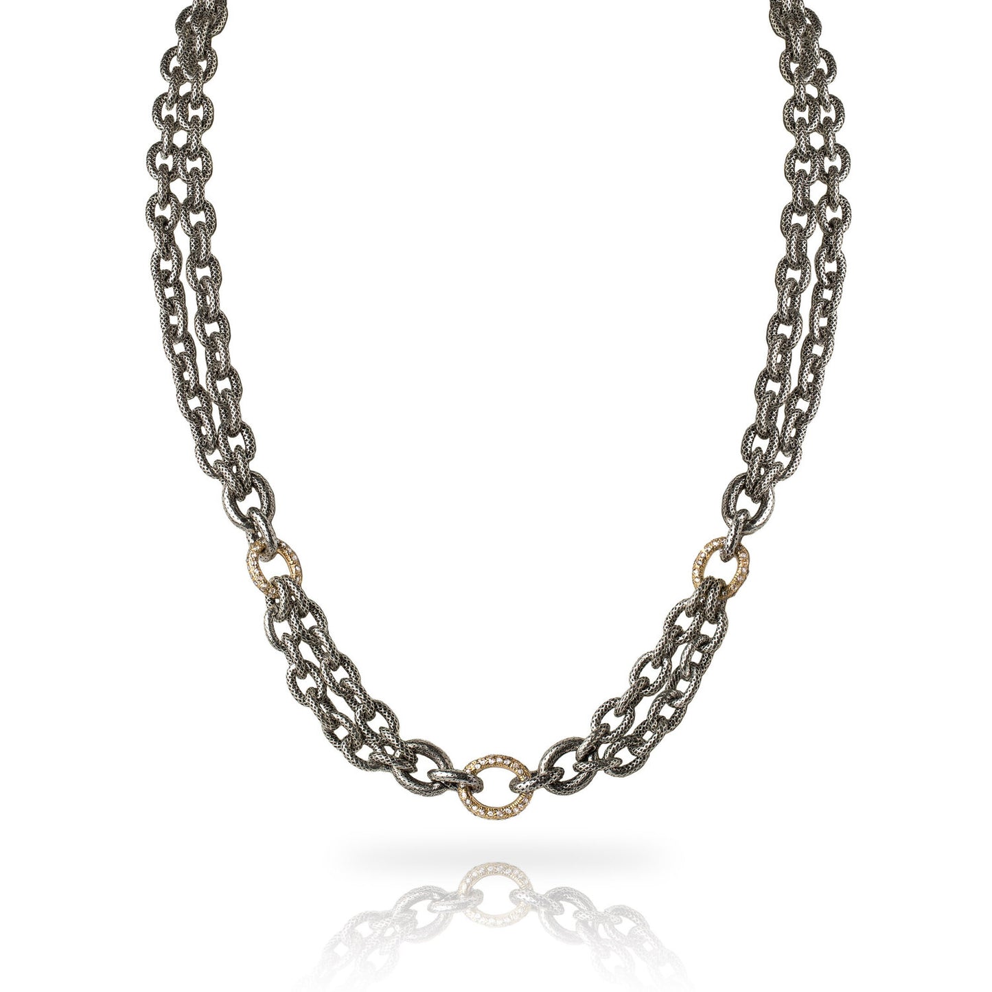 A trio of diamond pavé links are interspersed between a double-strand of our exclusive textured and oxidized chain in this casual and contemporary chain link necklace.  Diamond pavé link is available in 14k yellow gold, 14k rose gold, or sterling silver  Adjustable length between 16 to 18 inches  Includes a Liza Beth signature satin finish clasp and extender  Made in USA