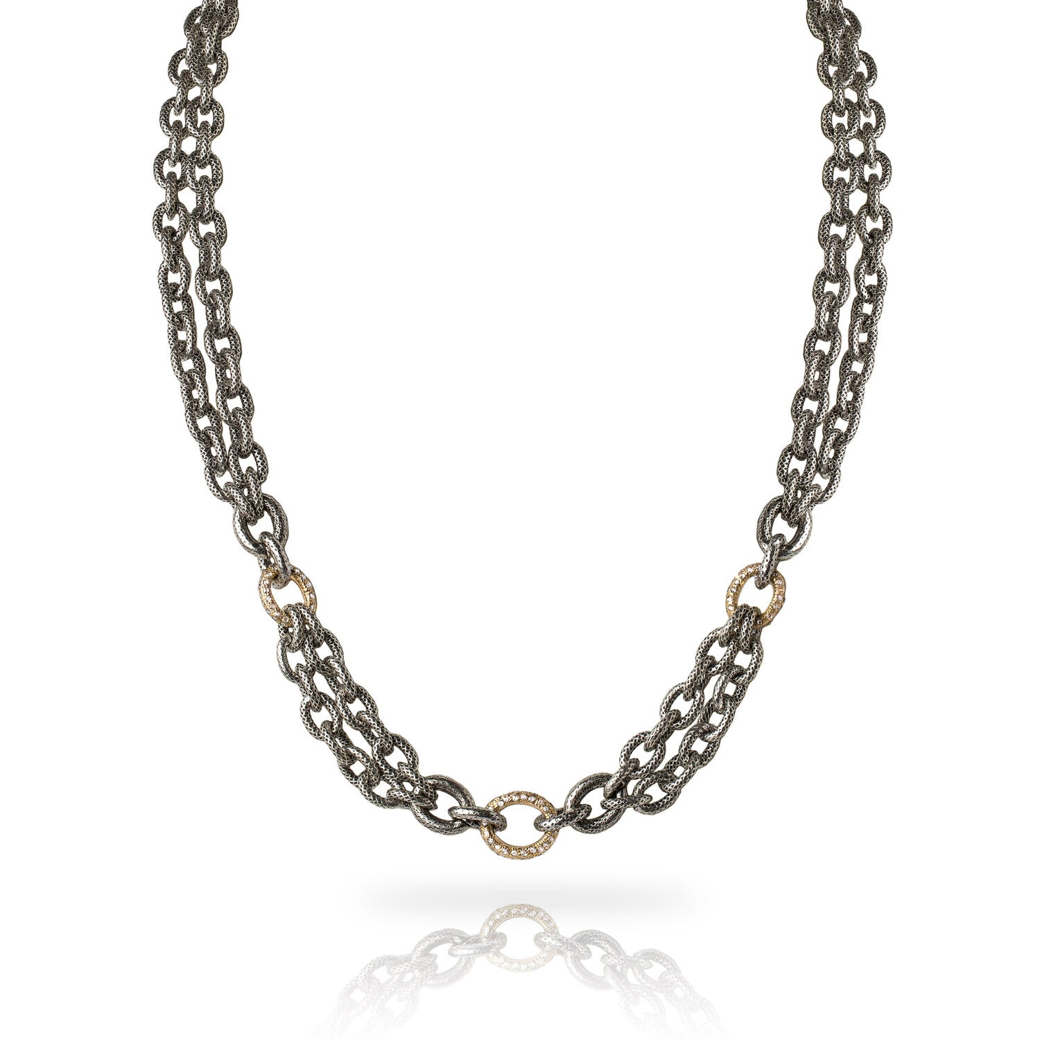 A trio of diamond pavé links are interspersed between a double-strand of our exclusive textured and oxidized chain in this casual and contemporary chain link necklace.  Diamond pavé link is available in 14k yellow gold, 14k rose gold, or sterling silver  Adjustable length between 16 to 18 inches  Includes a Liza Beth signature satin finish clasp and extender  Made in USA