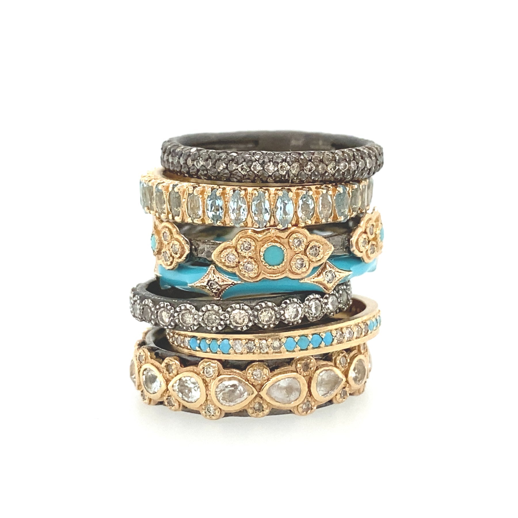 14K Rose Gold and Sterling Silver Crivelli Stack Ring in Turquoise Enamel with Champagne Diamonds (0.04 TCW)
