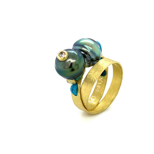 18K Gold Turquoise Tahiti Pearl Wrap Ring