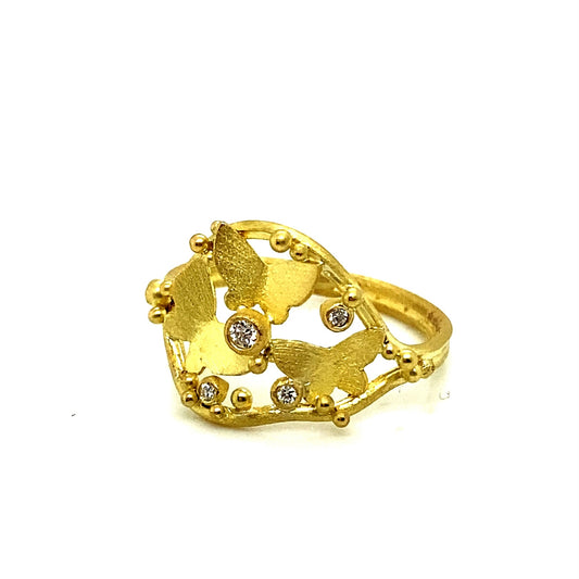 18K Gold White Diamond Floral Butterfly Ring