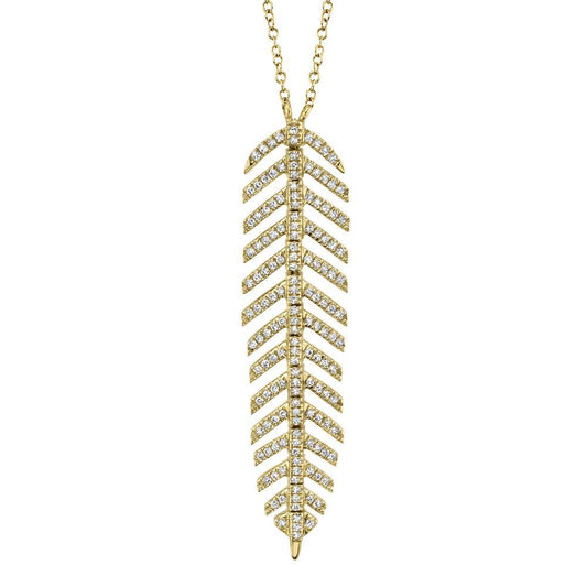  0.29CT DIAMOND 'PHOENIX' FEATHER PENDANT NECKLACE     The ultra unique 'Phoenix' feather pendant necklace highlights Shy Creation's commitment to impeccable design and craftsmanship. Delicately hinged, the 'Phoenix' motif curves and caresses like silk - a must-have for every jewelry collection.  EDITOR'S NOTES:  14K Yellow Gold Lobster Clasp Closure 0.29 Carat Weight Available in: Yellow, Rose, and White