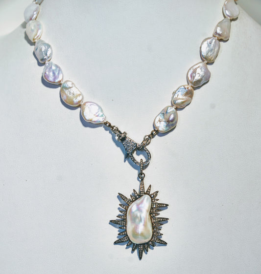 Pearl With Diamond Burst On Knotted Pearl Chain