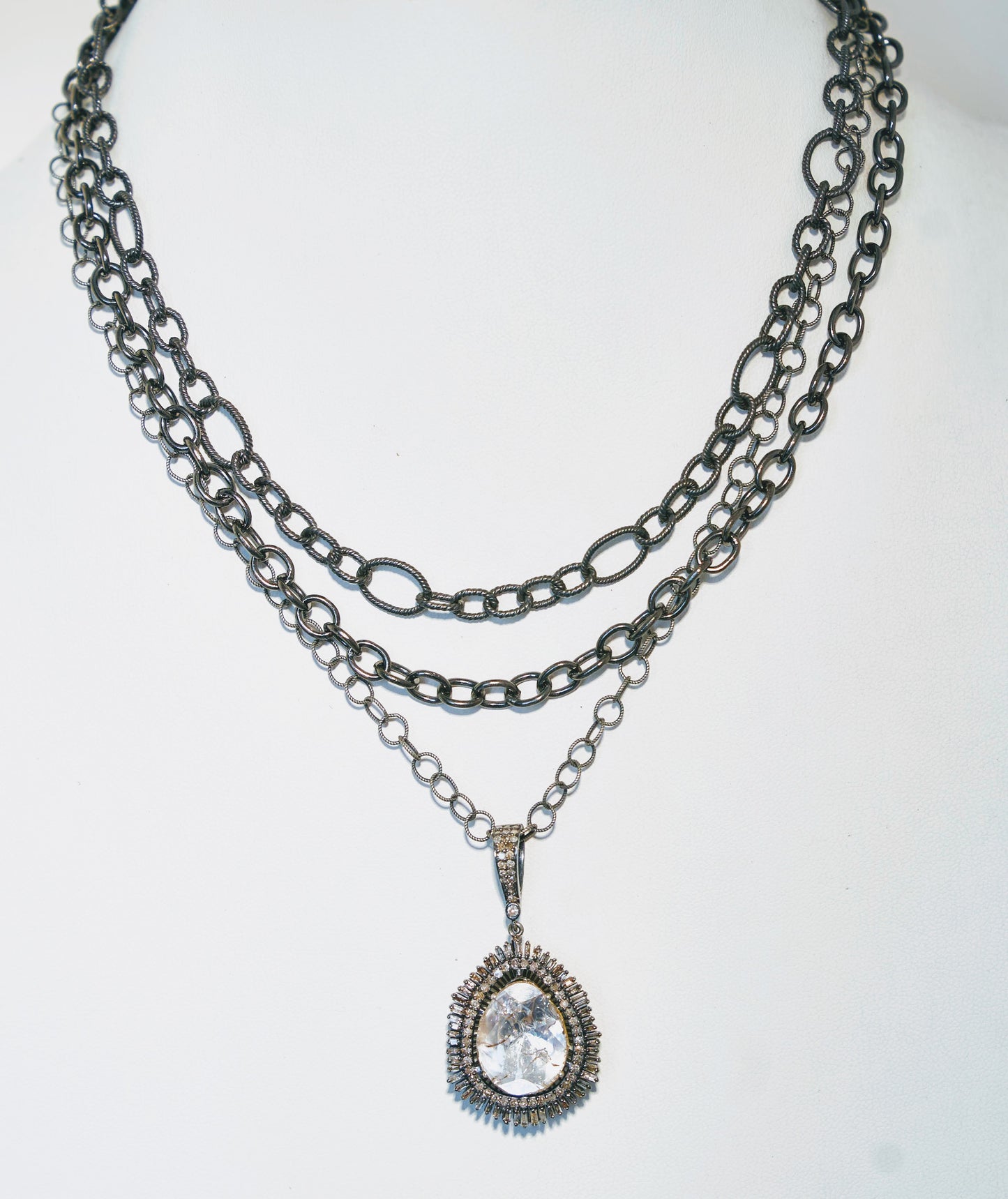 Sliced Diamond Necklace with Diamond Baguettes on 3 Multi Strand Rhodium Chain 17" - 19"
