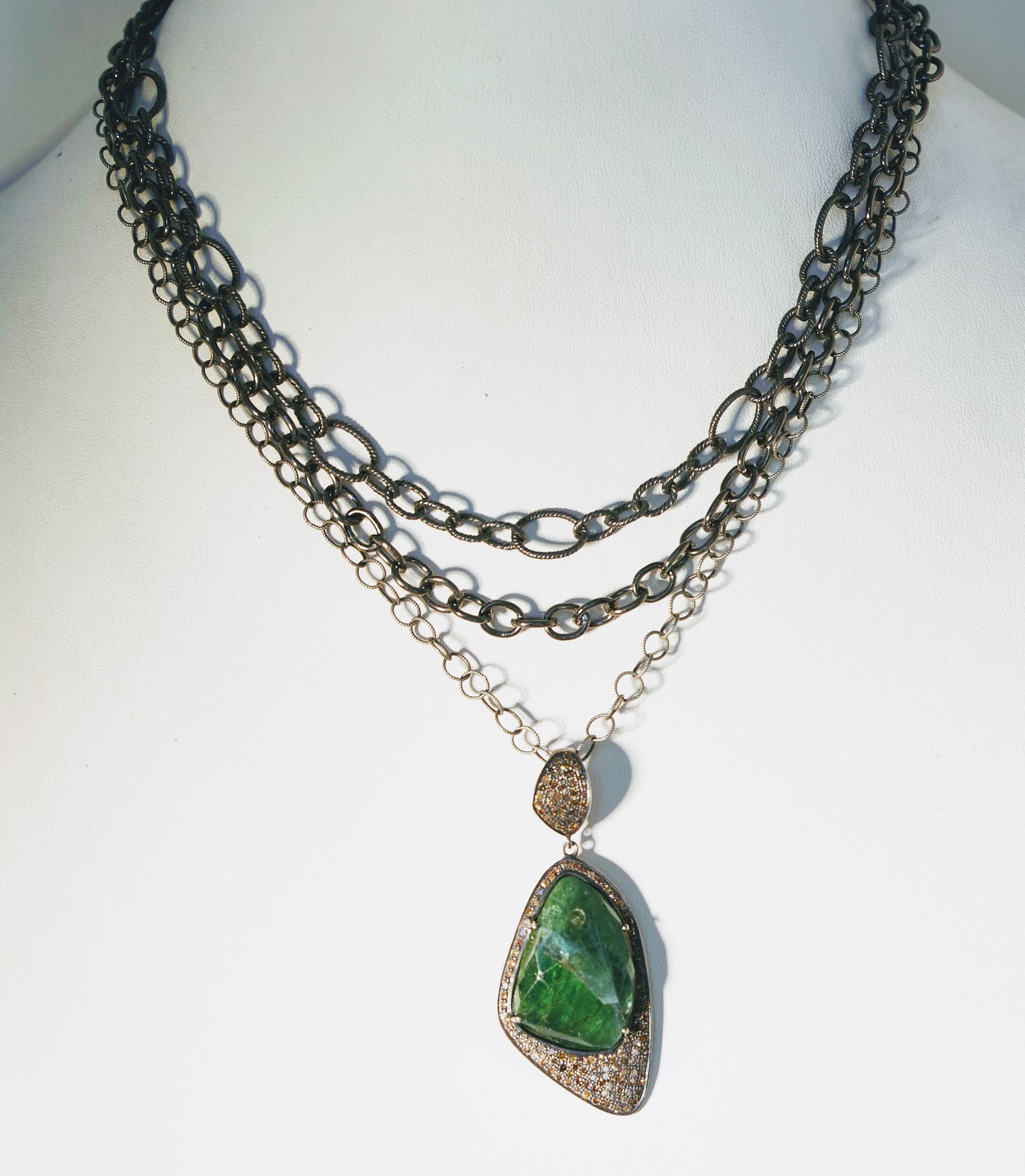 Abstract Emerald and Pave' Diamond Pendant on 3 Gradated Rhodium Chains 17" - 19"