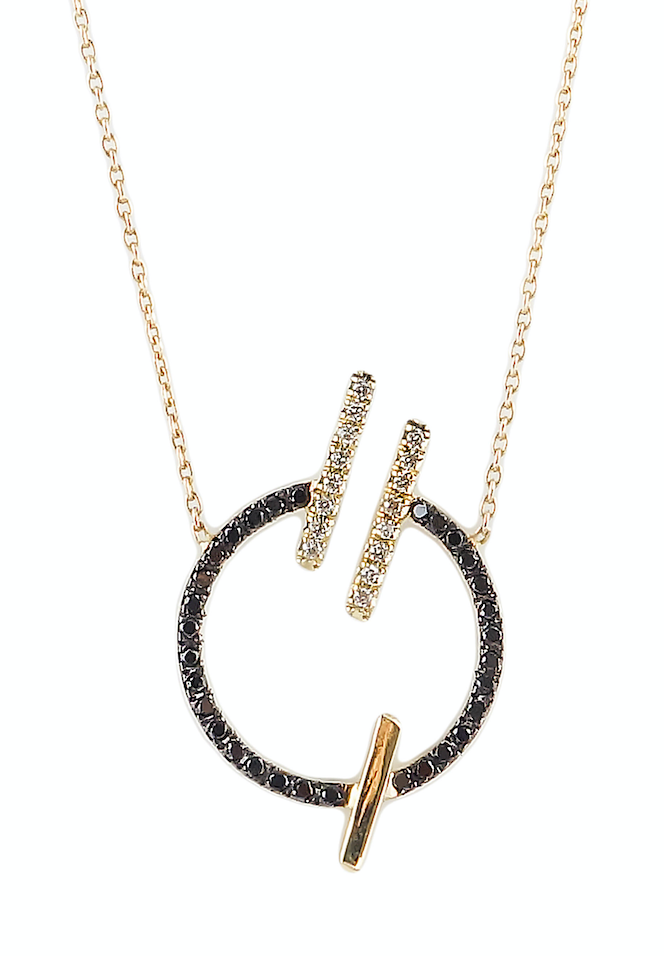 14K Yellow gold circle necklace  Black diamond: .30CT  White diamond: .11CT  Made in Turkey