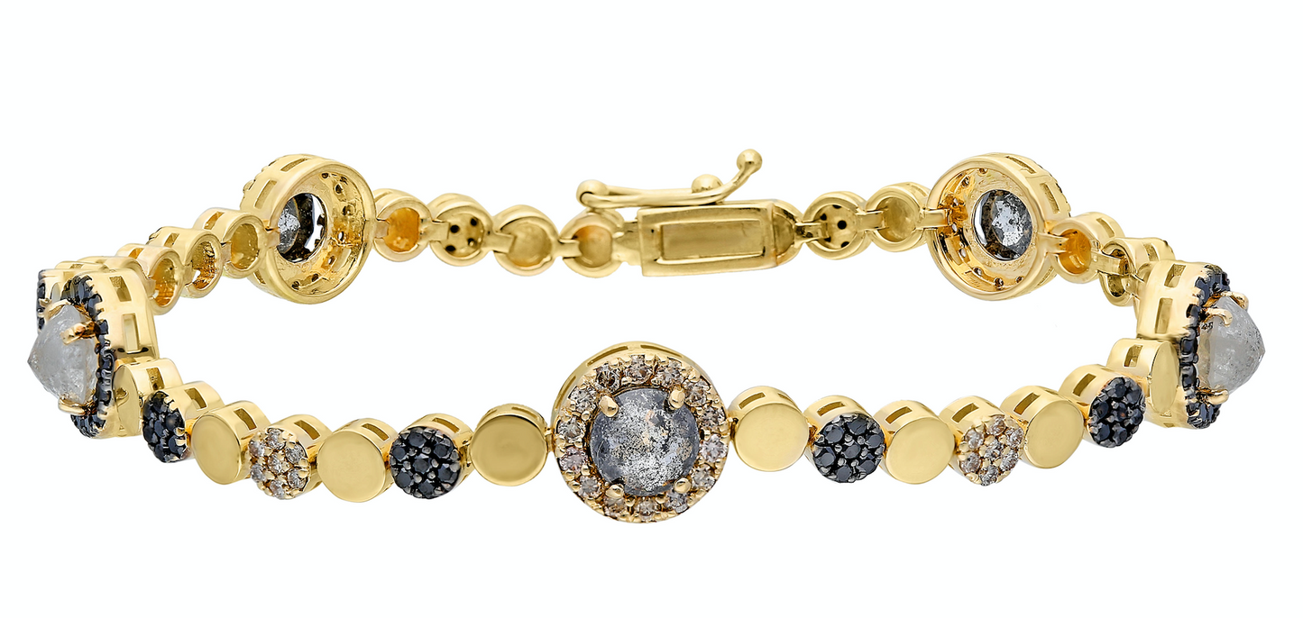 14K Yellow gold bracelet with double clasp Rose-cut grey diamond: 3.00CT  Champagne diamond: .97CT  Black diamond: .78CT  Made in Turkey