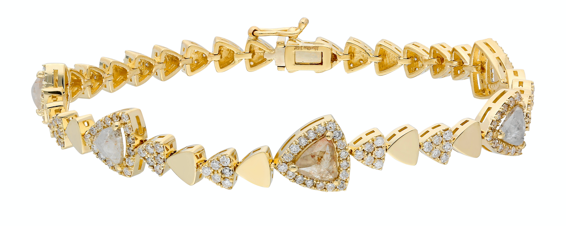 14K Yellow gold bracelet with double clasp Rose-cut opaque diamonds: 1.68CT  White diamond: 1.49CT  Made in Turkey