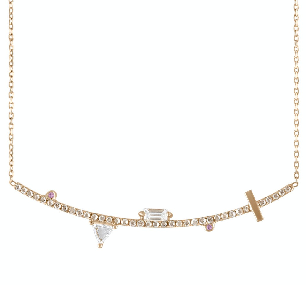 14K Yellow gold bar necklace Champagne diamond: .42CT  White diamond trillion: .30CT  White diamond baguette: .22CT  Made in Turkey