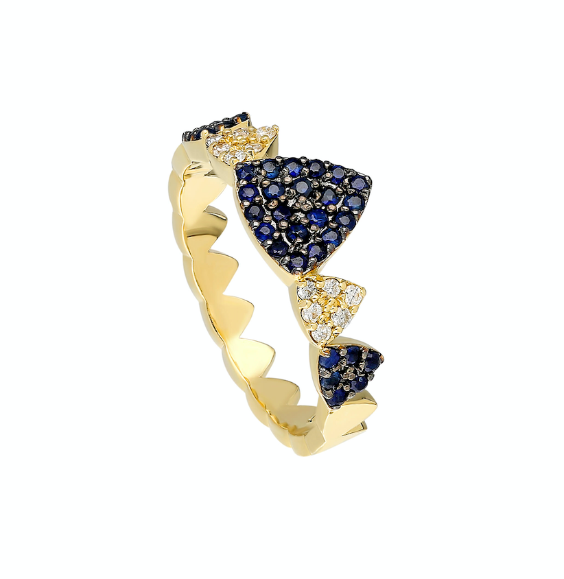 14K Yellow gold ring White diamond: .12CT  Blue sapphire: .38CT  Size: 6.5  Made in Turkey