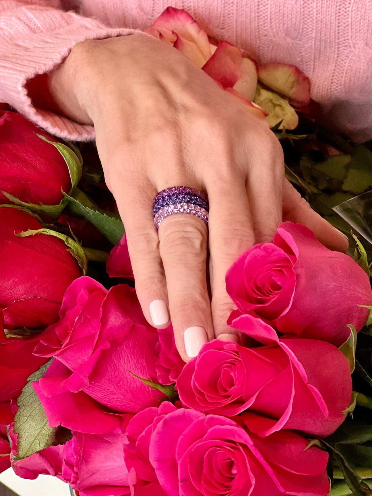 Pink Sapphire & Pink Rhodium 3 Sided Ring