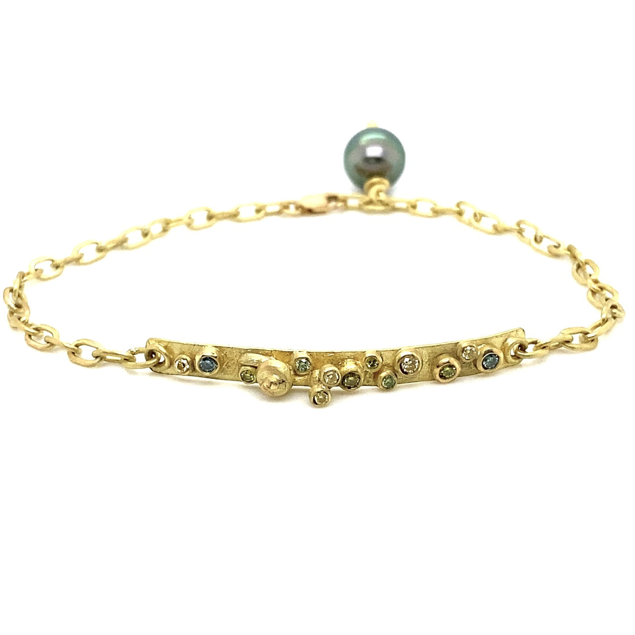 18K Gold Large Bracelet with Colored Diamonds & Diamond Beads