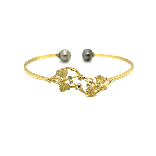 18K Gold Dragonfly Bracelet with White Diamonds & Tahiti Pearls