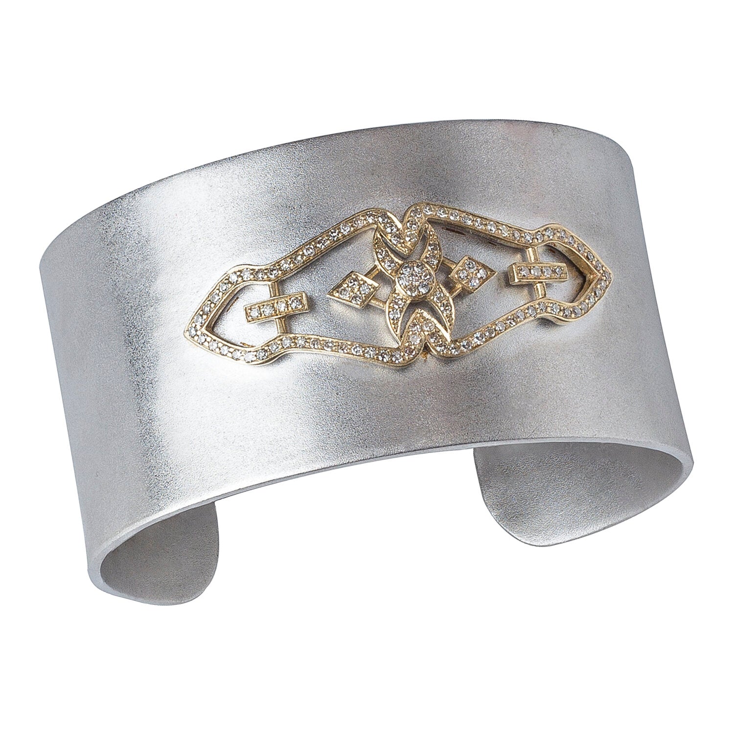 This wide, satin finish, sterling silver cuff bracelet features a vintage shoe clip reproduced in 14 K yellow gold and diamond pavé.  Cuff width: 31 mm  Made in USA