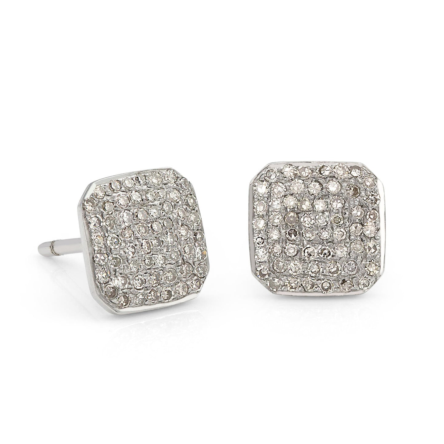 The Stella earring features a classic chamfered square shaped stud set with diamond pavé. Perfect for everyday wear or a special occasion.  Available in sterling silver, 14K yellow gold, 14K rose gold, or 14K white gold  Stud dimensions: 8 mm x 8 mm  Polished finish  Made in USA